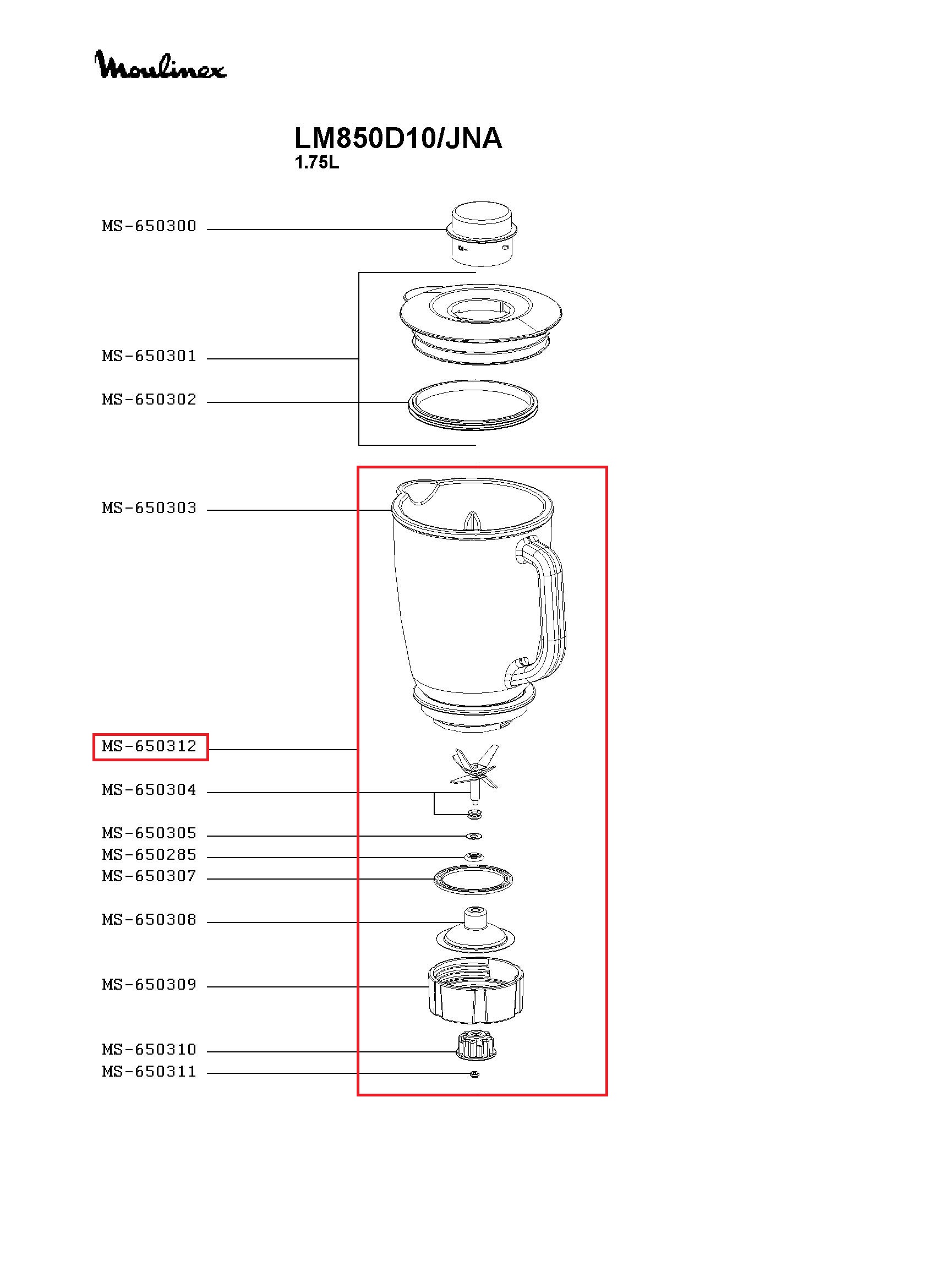 Чаша измельчителя блендера Moulinex MS-650312 (с ножом)