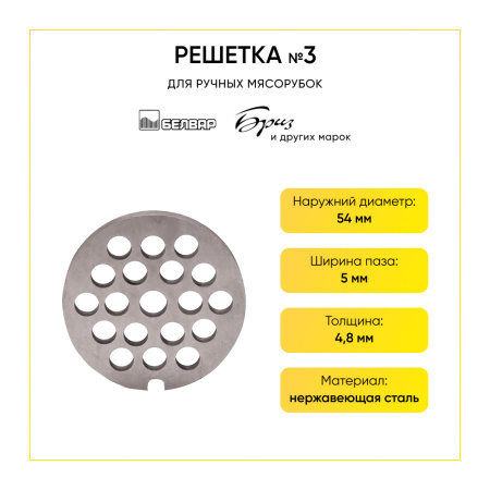 Решетка №3 котлетная для мясорубки ручной, Аксион, Бриз, Гамма, Дива, Помощница и др. (d-54 мм)