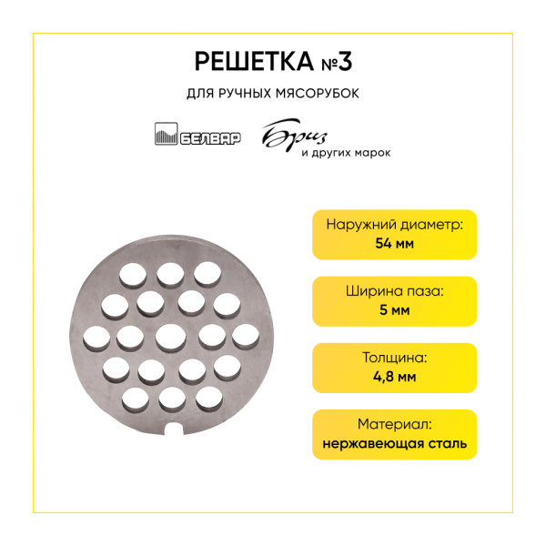 Решетка №3 котлетная для мясорубки ручной, Аксион, Бриз, Гамма, Дива, Помощница и др. (d-54 мм)